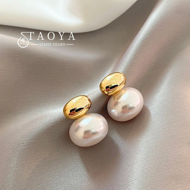 2025 New Elegant French Flat Pearl Earrings in Gold Color - BritShade