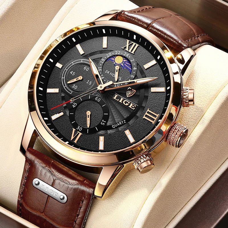 2026 New Luxury Men's Watch Brown Leather Casual Quartz Sports Waterproof Watches - BritShade