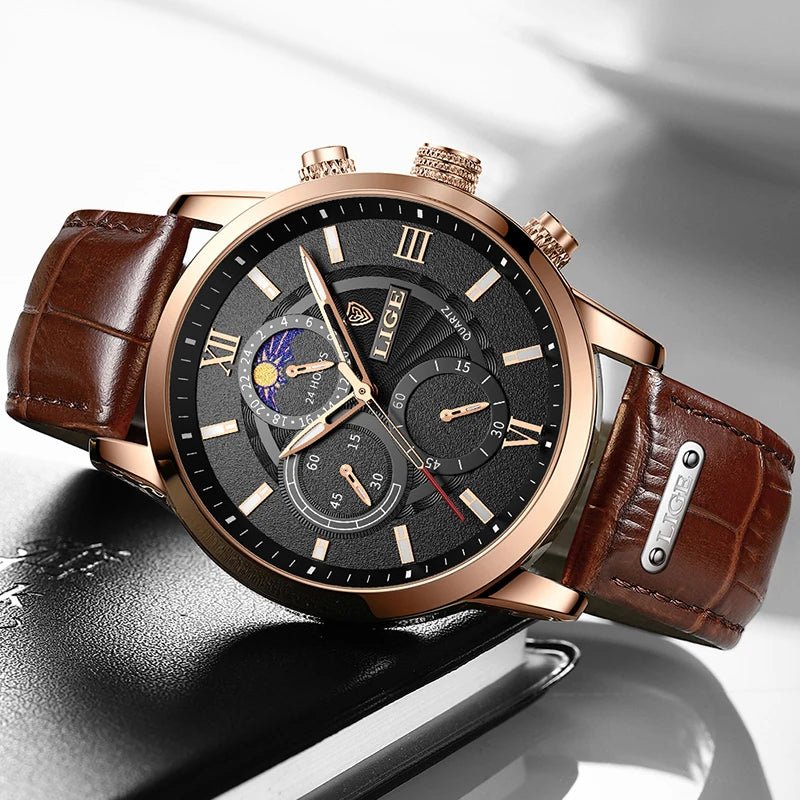 2026 New Luxury Men's Watch Brown Leather Casual Quartz Sports Waterproof Watches - BritShade