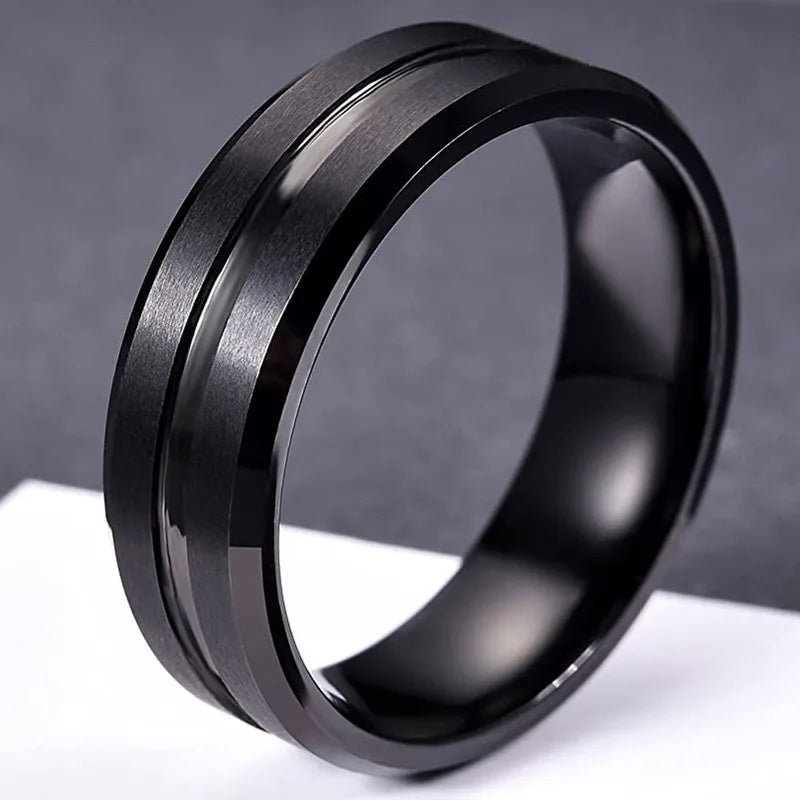 “8mm Black Tungsten Men’s Wedding & Engagement Ring – Beveled Edge, Modern Groove Design” - BritShade
