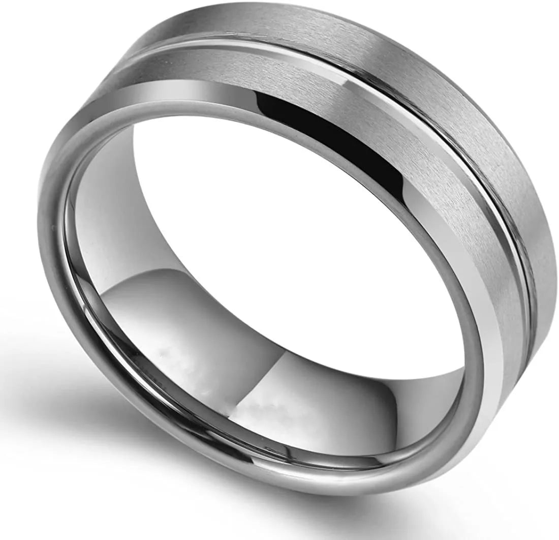“8mm Black Tungsten Men’s Wedding & Engagement Ring – Beveled Edge, Modern Groove Design” - BritShade
