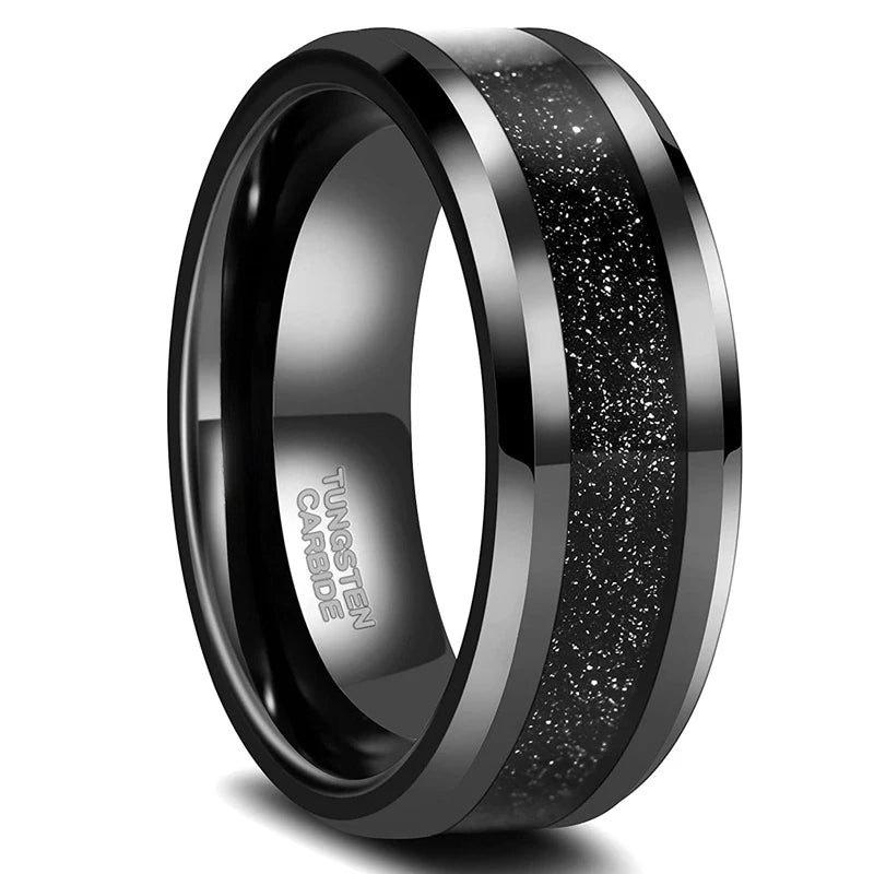 A sleek black tungsten ring with a shimmering glitter inlay — designed for men who appreciate elegance with a bold, modern edge. - BritShade