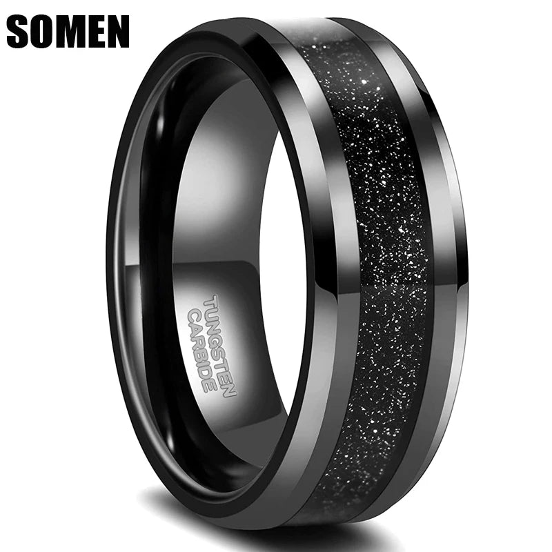 A sleek black tungsten ring with a shimmering glitter inlay — designed for men who appreciate elegance with a bold, modern edge. - BritShade