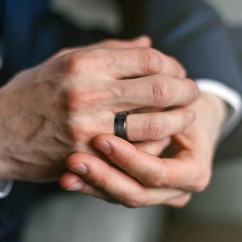 A sleek black tungsten ring with a shimmering glitter inlay — designed for men who appreciate elegance with a bold, modern edge. - BritShade