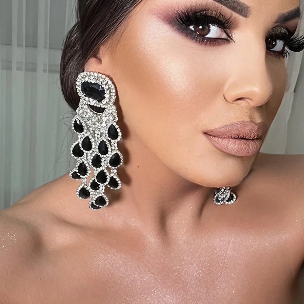 Elegant Black Crystal Tassel Drop Earrings Large Pendant for Women - BritShade