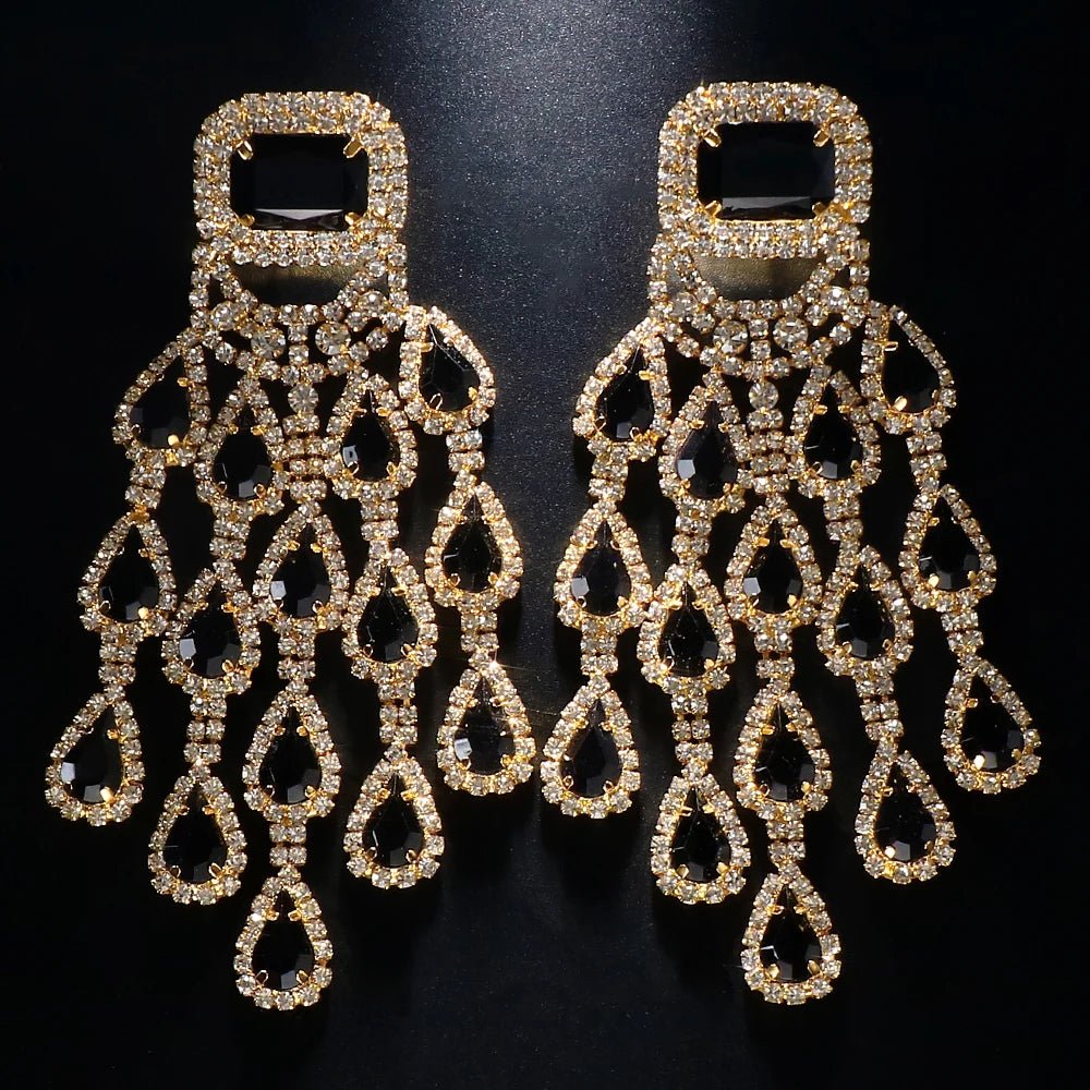 Elegant Black Crystal Tassel Drop Earrings Large Pendant for Women - BritShade