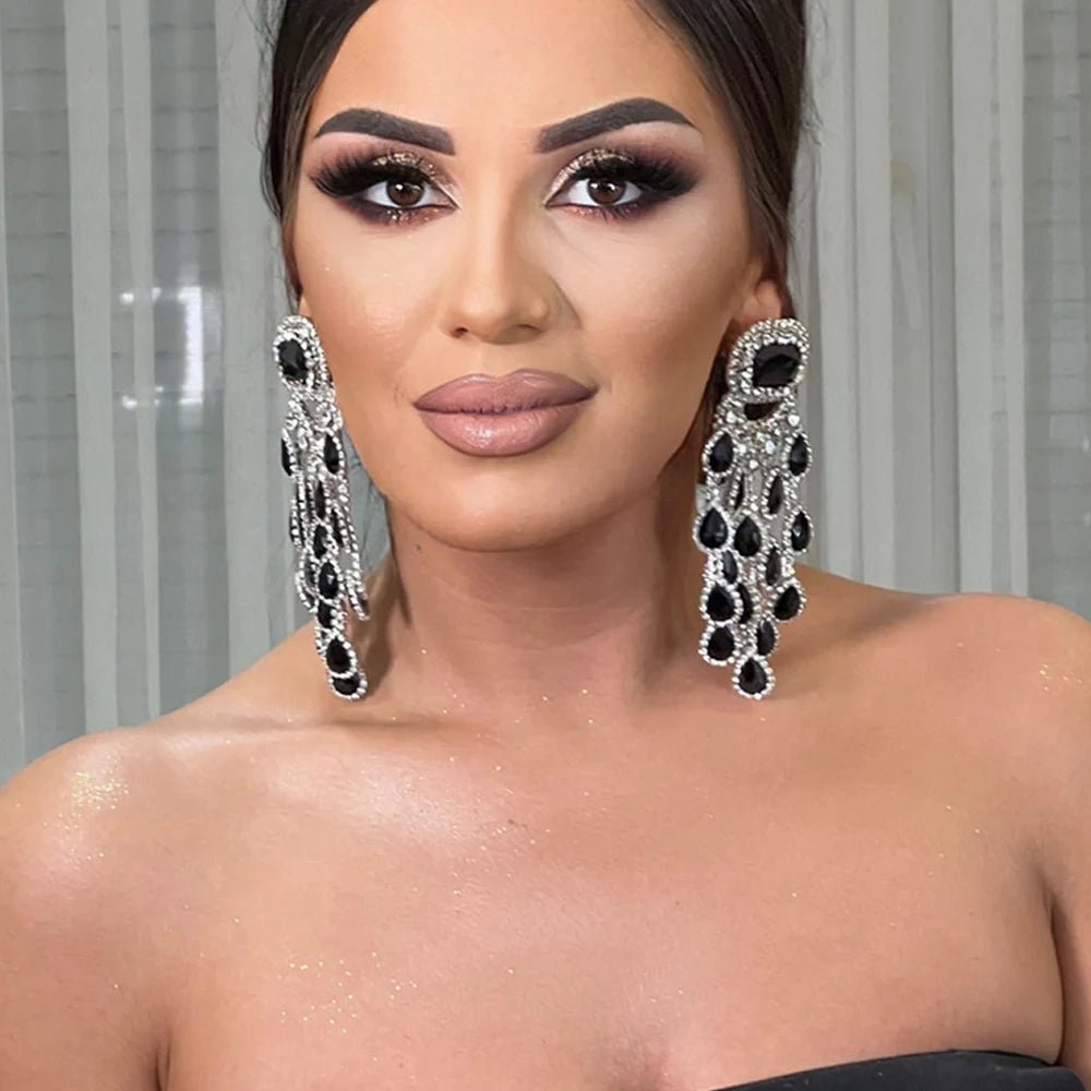 Elegant Black Crystal Tassel Drop Earrings Large Pendant for Women - BritShade