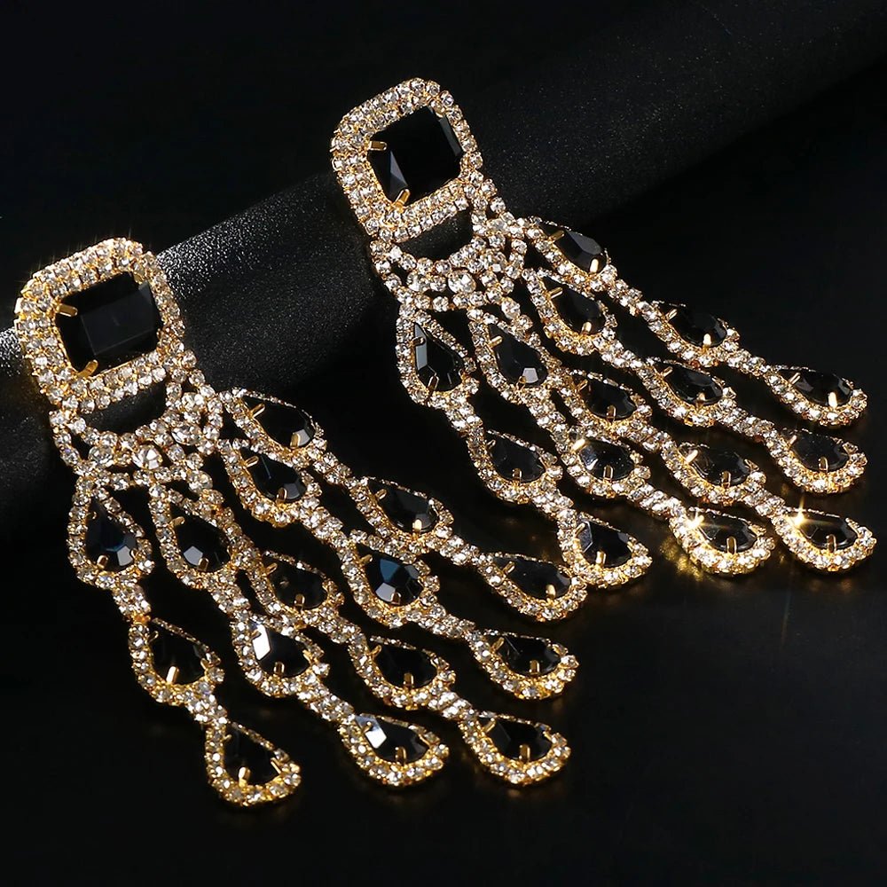 Elegant Black Crystal Tassel Drop Earrings Large Pendant for Women - BritShade
