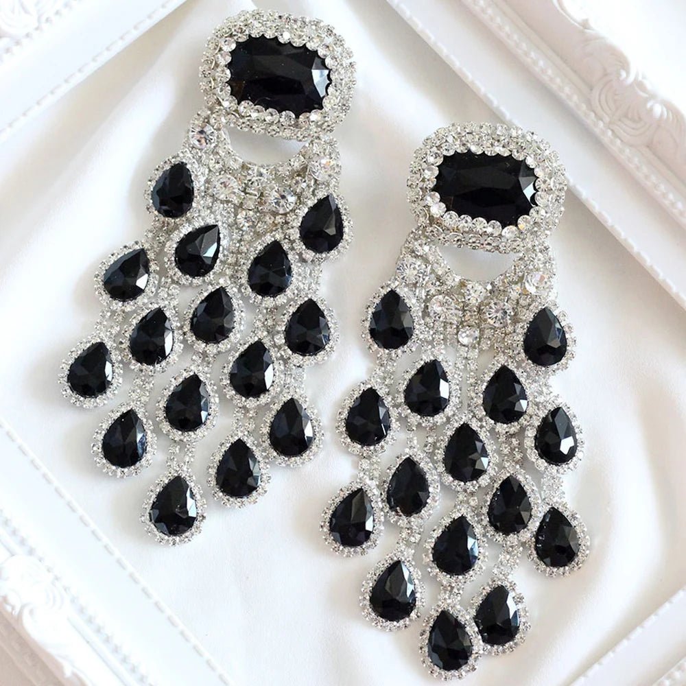 Elegant Black Crystal Tassel Drop Earrings Large Pendant for Women - BritShade