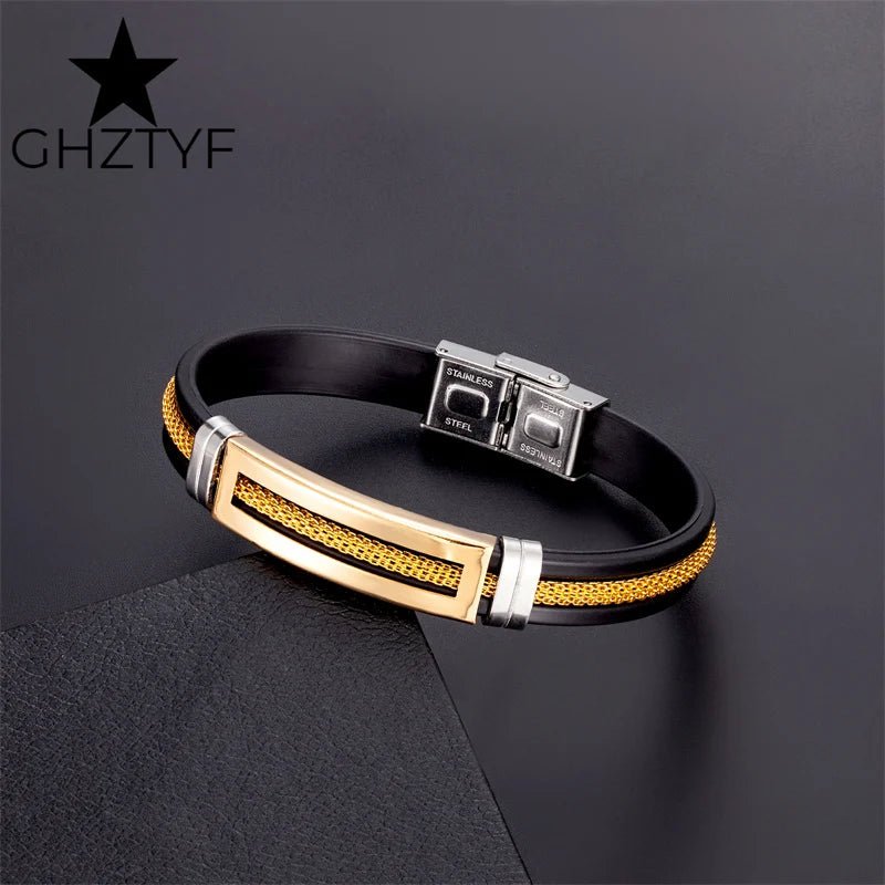 Golden Chain Stainless Steel Bracelet – Unisex Black Rubber Wristband - BritShade