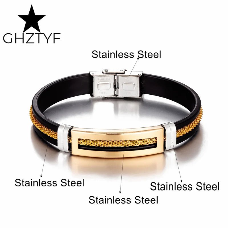 Golden Chain Stainless Steel Bracelet – Unisex Black Rubber Wristband - BritShade