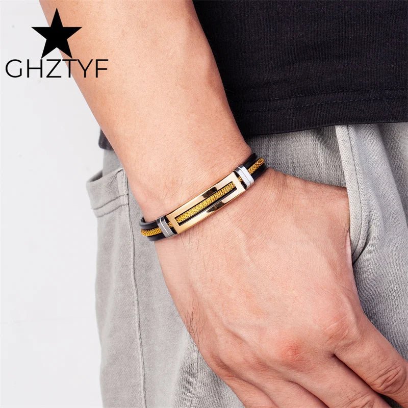 Golden Chain Stainless Steel Bracelet – Unisex Black Rubber Wristband - BritShade