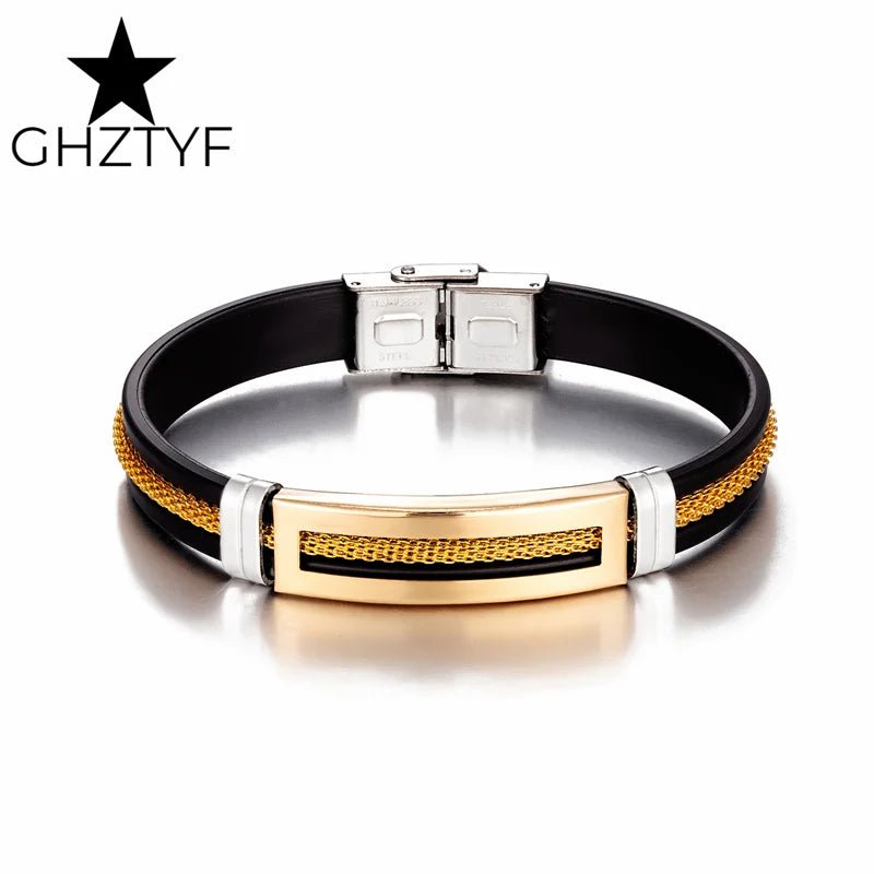 Golden Chain Stainless Steel Bracelet – Unisex Black Rubber Wristband - BritShade