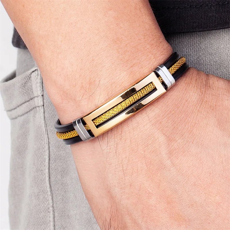 Golden Chain Stainless Steel Bracelet – Unisex Black Rubber Wristband - BritShade