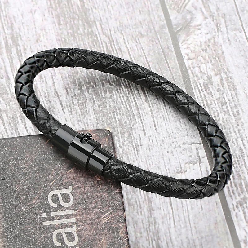 Men's Black 6mm Round Braided Leather Bracelet - BritShade