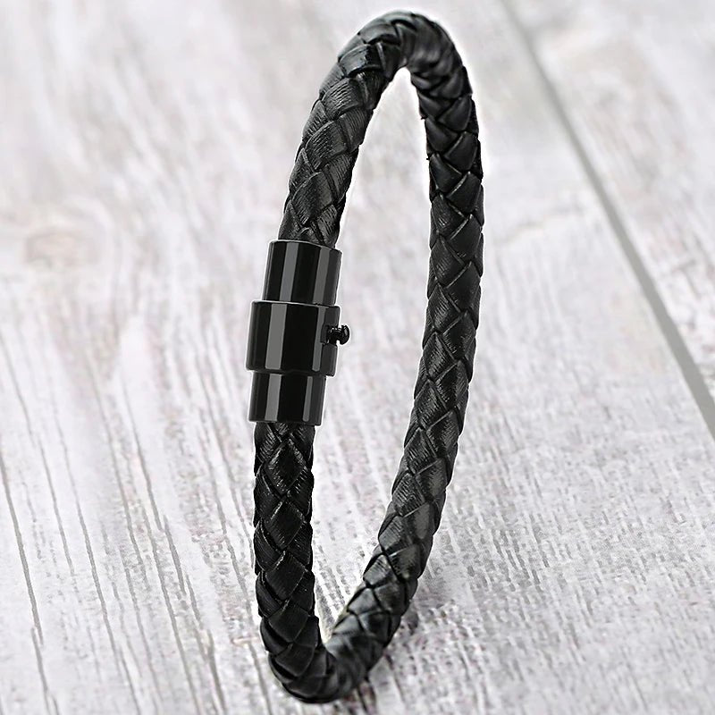 Men's Black 6mm Round Braided Leather Bracelet - BritShade