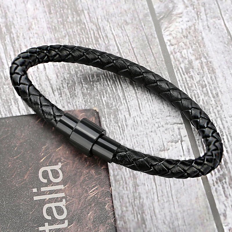 Men's Black 6mm Round Braided Leather Bracelet - BritShade