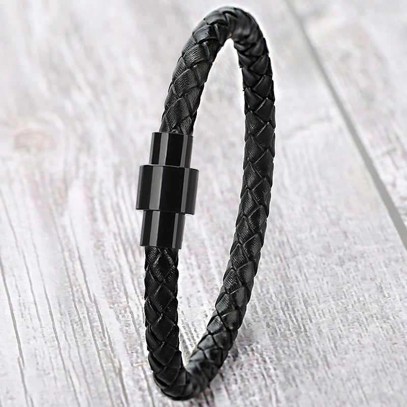 Men's Black 6mm Round Braided Leather Bracelet - BritShade