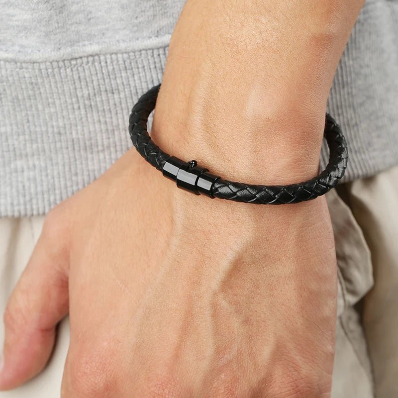 Men's Black 6mm Round Braided Leather Bracelet - BritShade