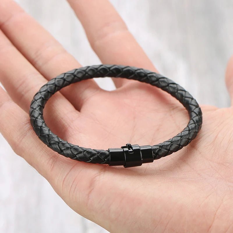 Men's Black 6mm Round Braided Leather Bracelet - BritShade