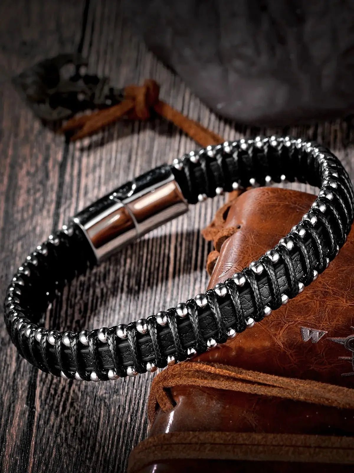 Men's black leather braided rope bracelets - BritShade