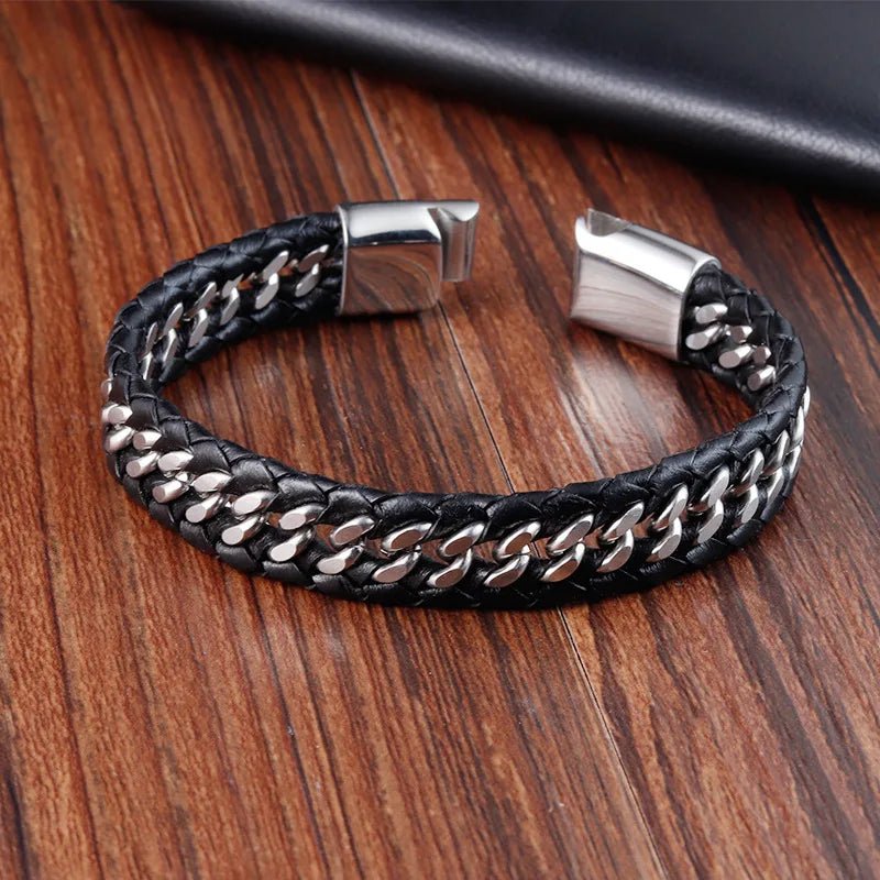 Men's black leather braided rope bracelets - BritShade