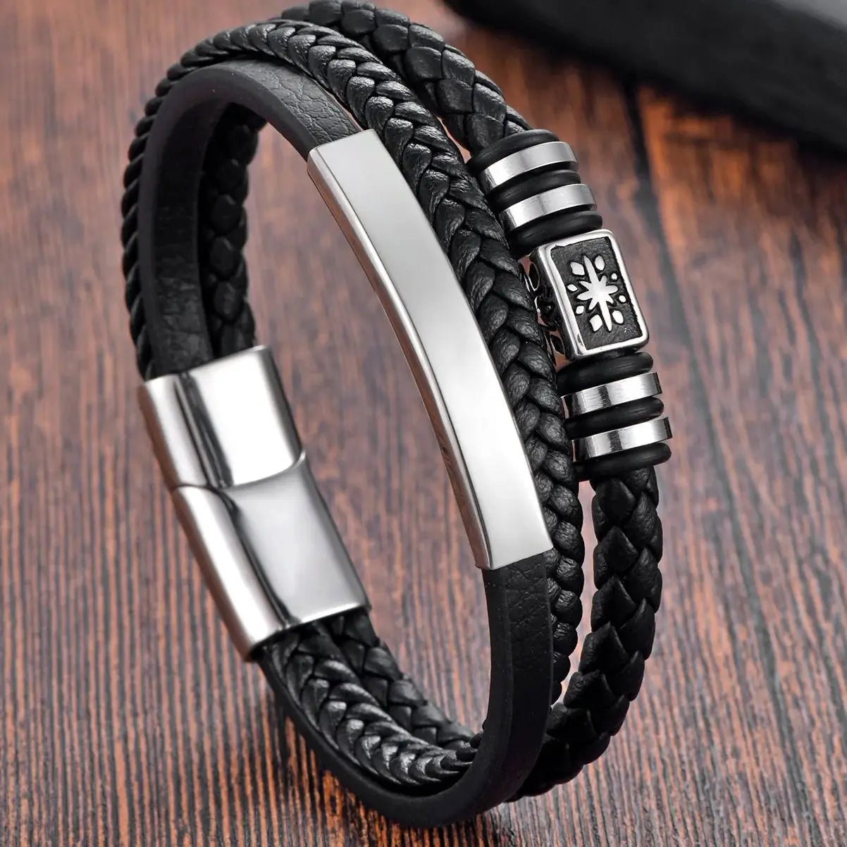 Men's black leather braided rope bracelets - BritShade