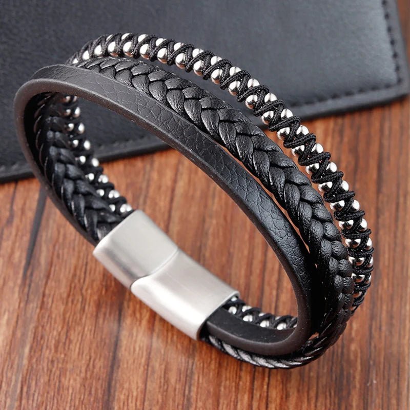 Men's black leather braided rope bracelets - BritShade
