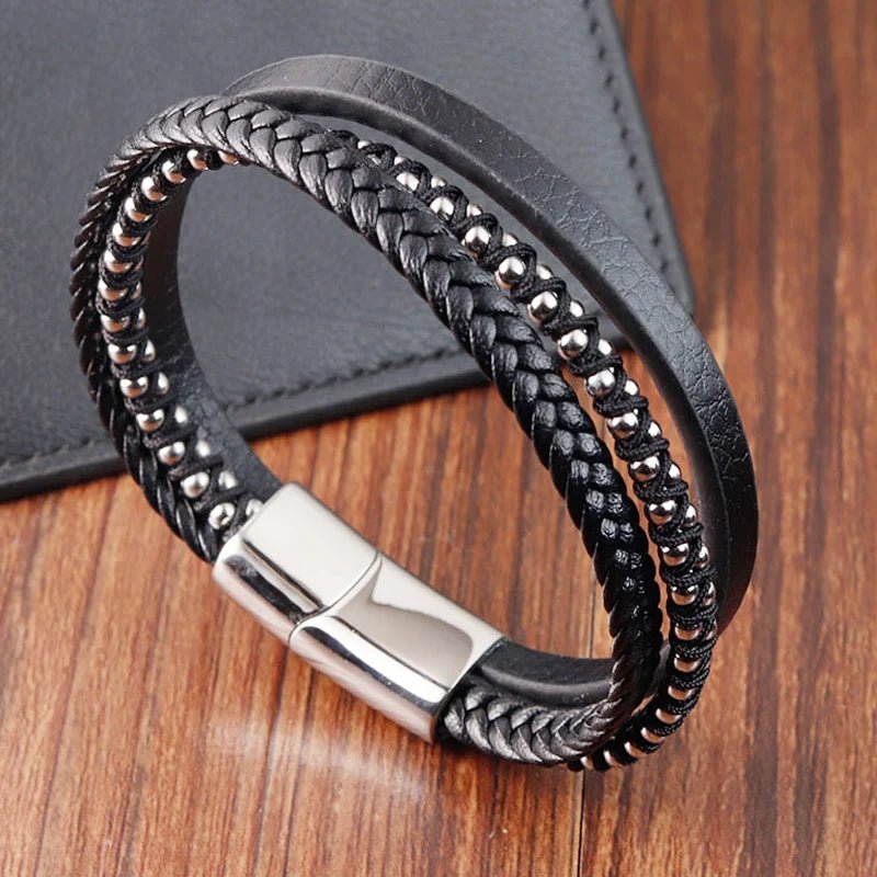 Men's black leather braided rope bracelets - BritShade