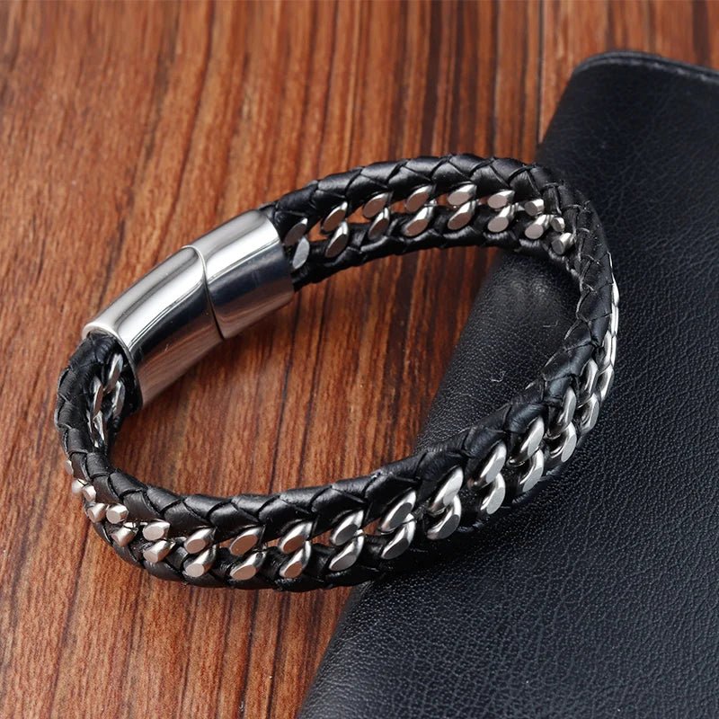 Men's black leather braided rope bracelets - BritShade