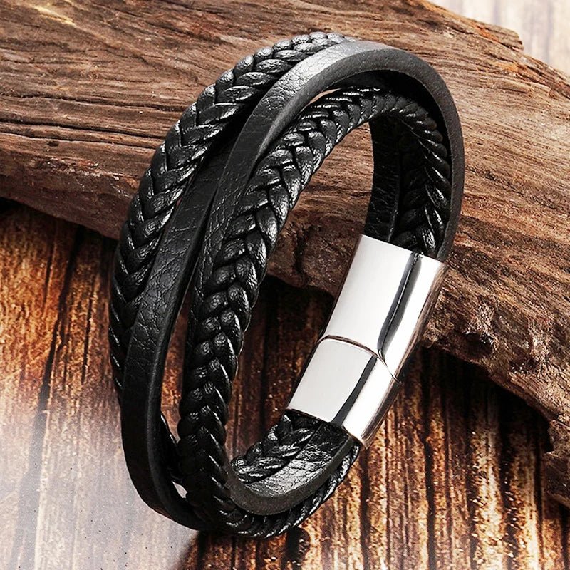 Men's black leather braided rope bracelets - BritShade