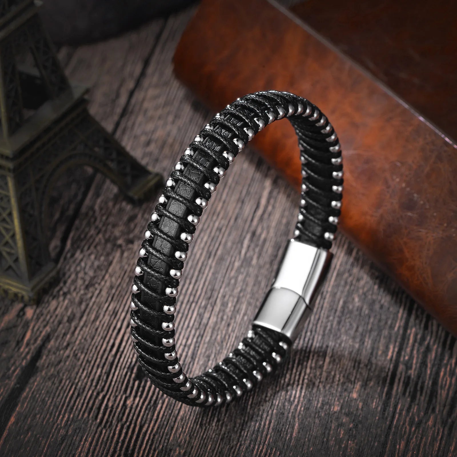 Men's black leather braided rope bracelets - BritShade