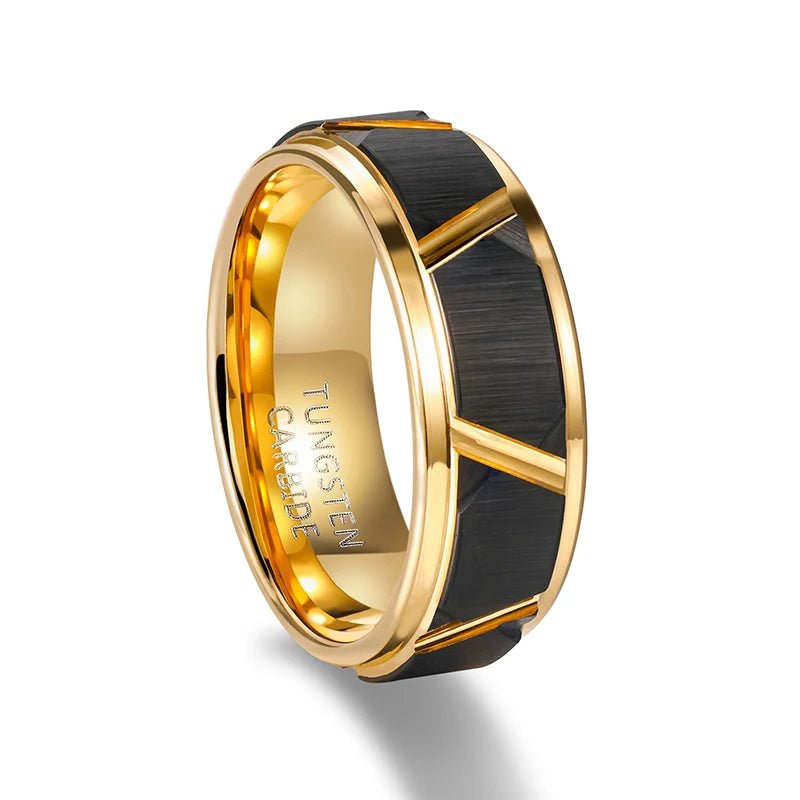 Men's Engagement Ring with Beveled Edge and Groove Pattern, Brushed Black and Gold Color - BritShade