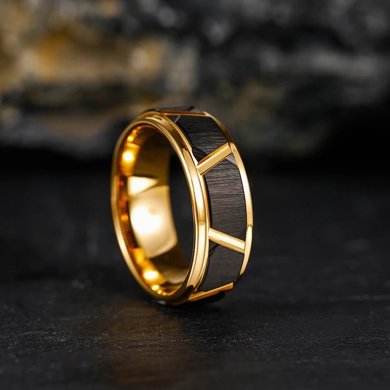 Men's Engagement Ring with Beveled Edge and Groove Pattern, Brushed Black and Gold Color - BritShade