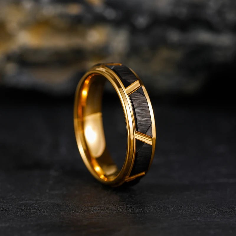 Men's Engagement Ring with Beveled Edge and Groove Pattern, Brushed Black and Gold Color - BritShade
