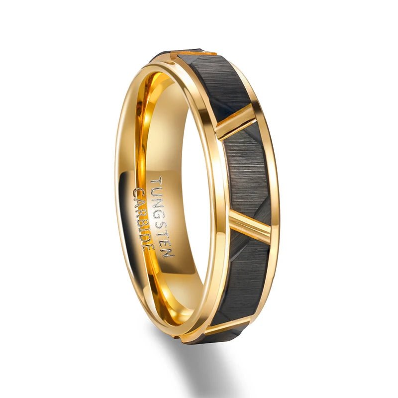 Men's Engagement Ring with Beveled Edge and Groove Pattern, Brushed Black and Gold Color - BritShade
