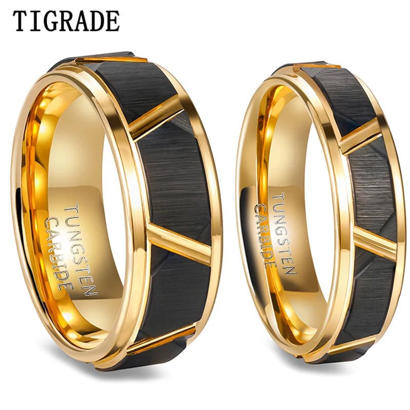 Men's Engagement Ring with Beveled Edge and Groove Pattern, Brushed Black and Gold Color - BritShade