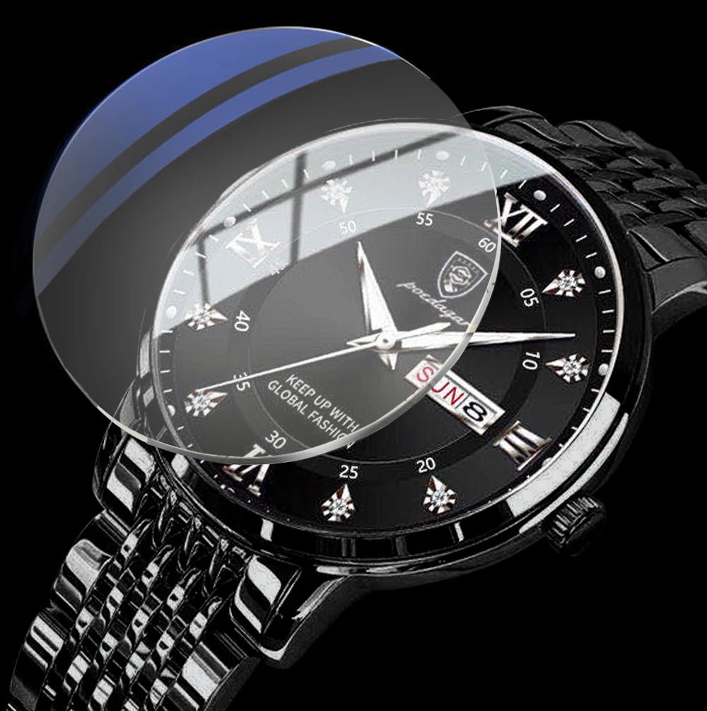 POEDAGAR Luxury Men's Watch Stainless Steel Date Week Display Waterproof Luminous Quartz Wristwatch for Men - BritShade