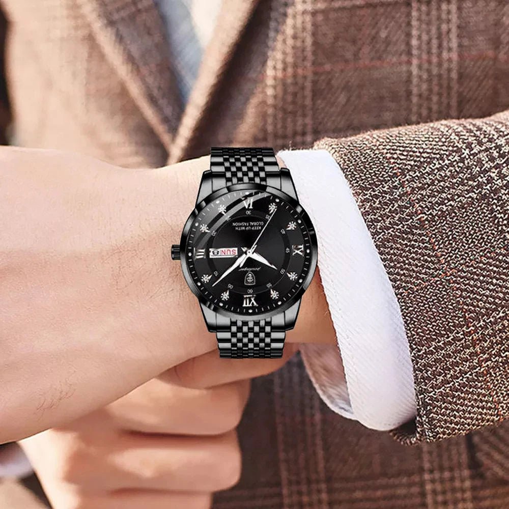 POEDAGAR Luxury Men's Watch Stainless Steel Date Week Display Waterproof Luminous Quartz Wristwatch for Men - BritShade