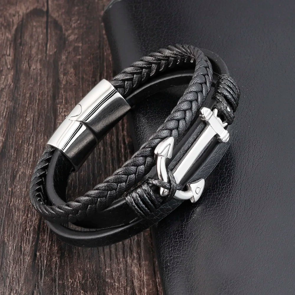 Punk anchor bracelets, genuine leather bracelets and bangles for men - BritShade