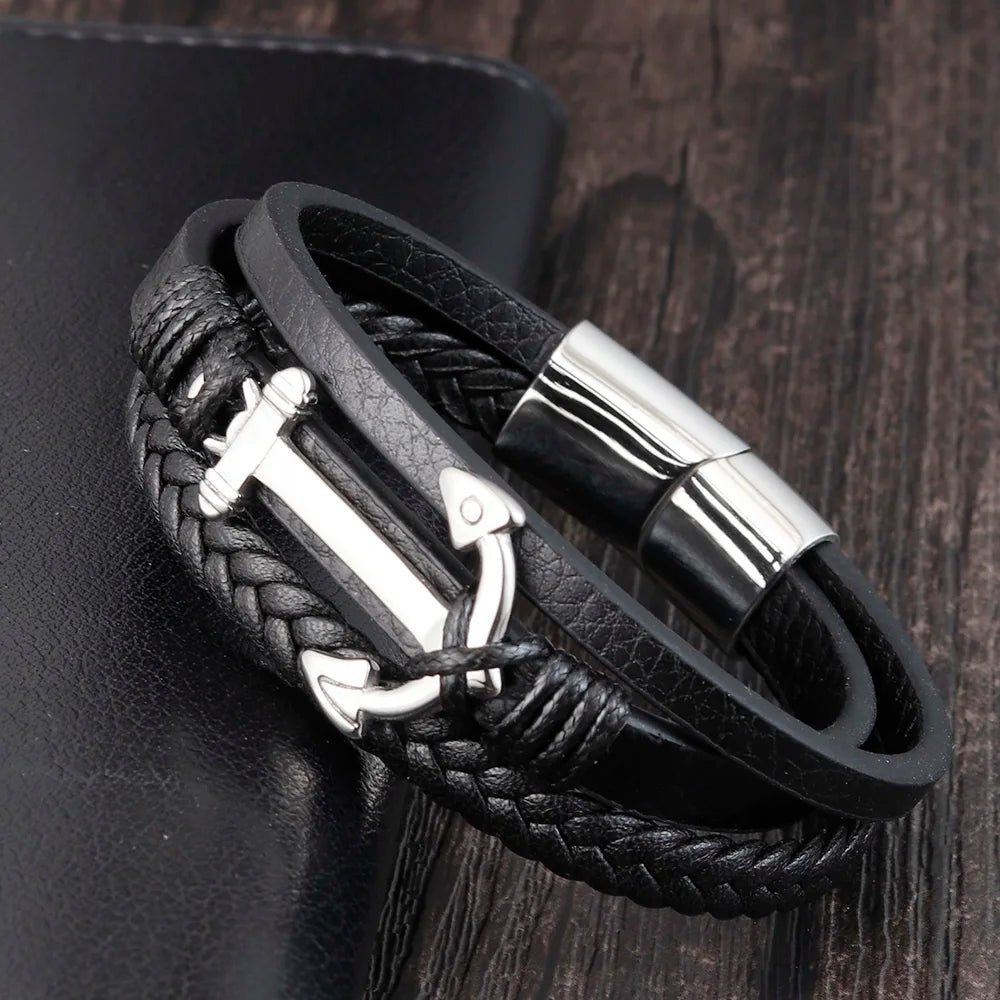 Punk anchor bracelets, genuine leather bracelets and bangles for men - BritShade