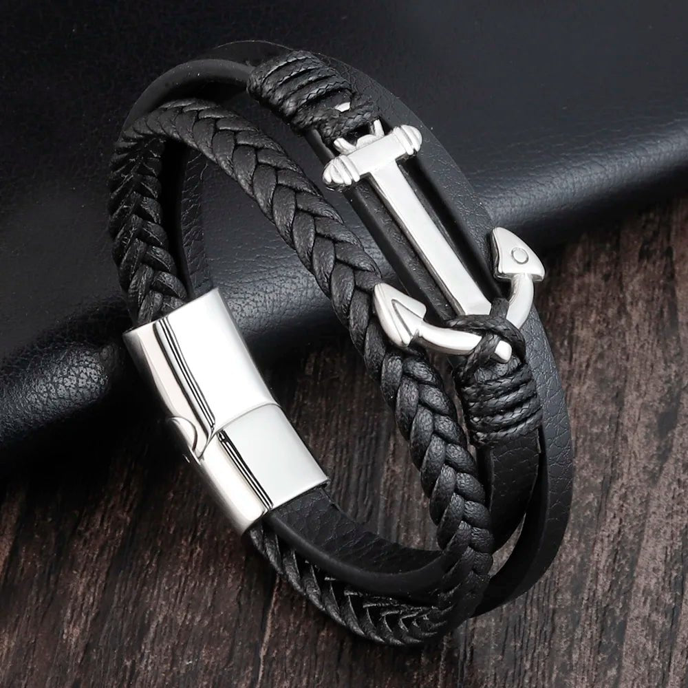 Punk anchor bracelets, genuine leather bracelets and bangles for men - BritShade