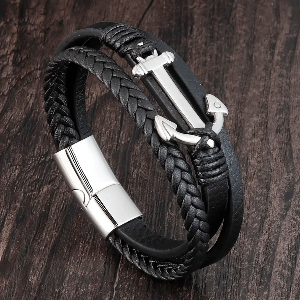 Punk anchor bracelets, genuine leather bracelets and bangles for men - BritShade