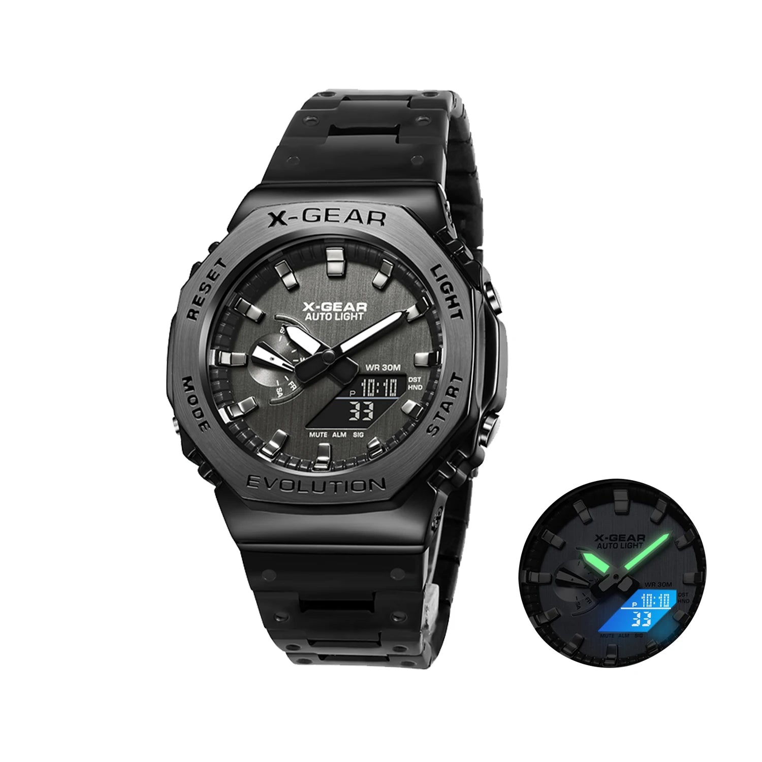 Unisex Dual Display Full Function LED Alloy Big Steel Strap Electronic Digital Sports Watch - BritShade