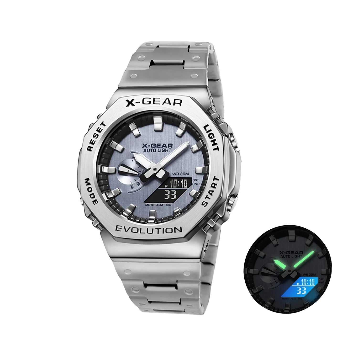 Unisex Dual Display Full Function LED Alloy Big Steel Strap Electronic Digital Sports Watch - BritShade