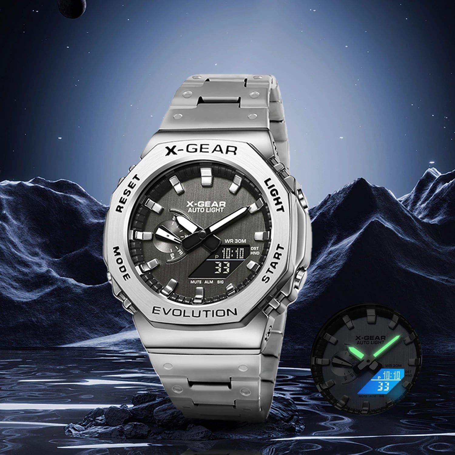 Unisex Dual Display Full Function LED Alloy Big Steel Strap Electronic Digital Sports Watch - BritShade