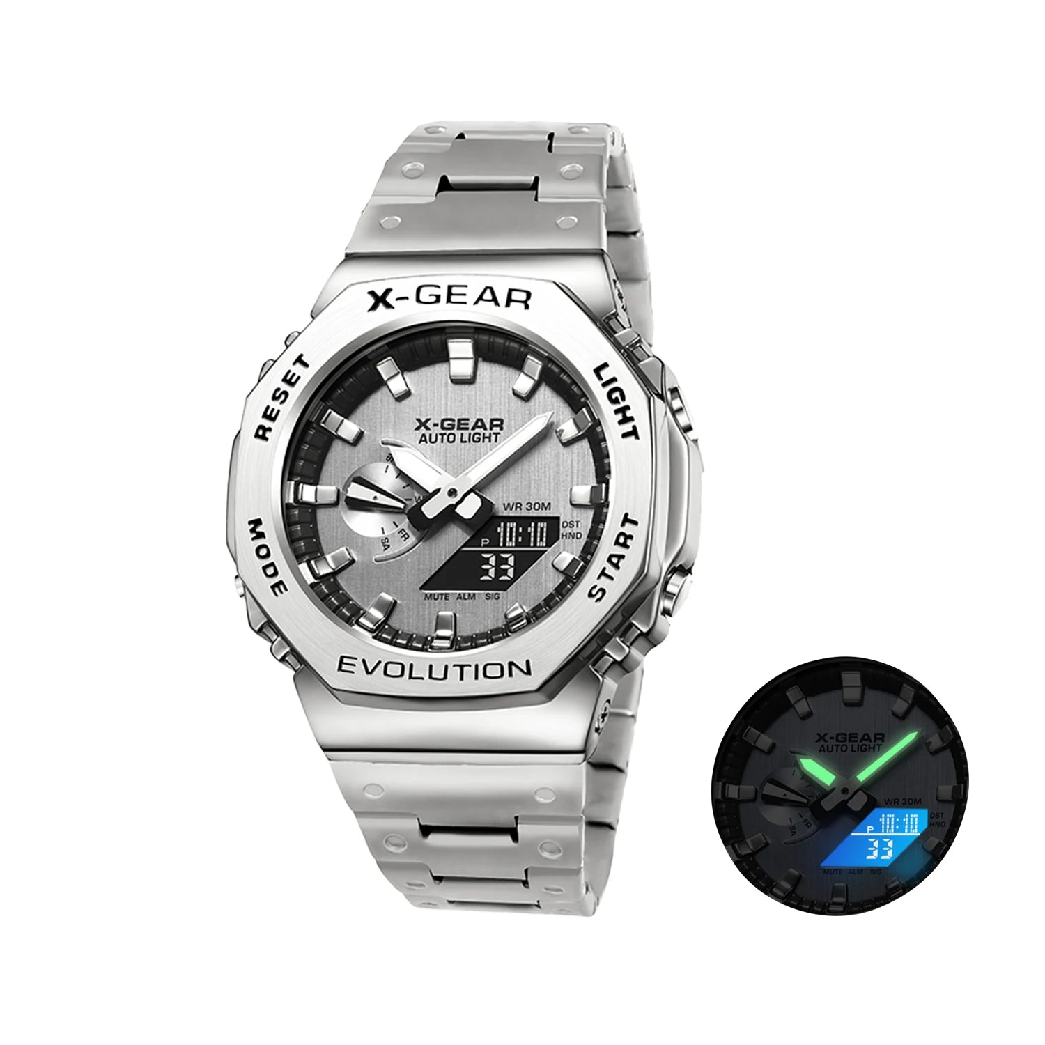 Unisex Dual Display Full Function LED Alloy Big Steel Strap Electronic Digital Sports Watch - BritShade