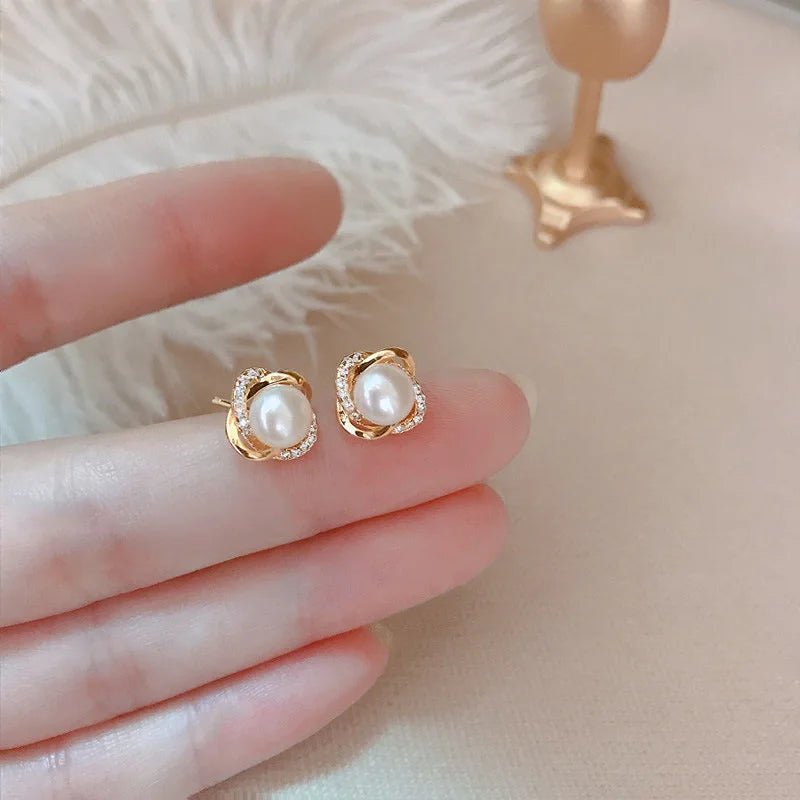 Upscale 14k Gold Jewelry Real Gold Earrings Zircon Pearl Twist Luxury Stud Earrings for Women Brincos Pendientes Bijoux - BritShade